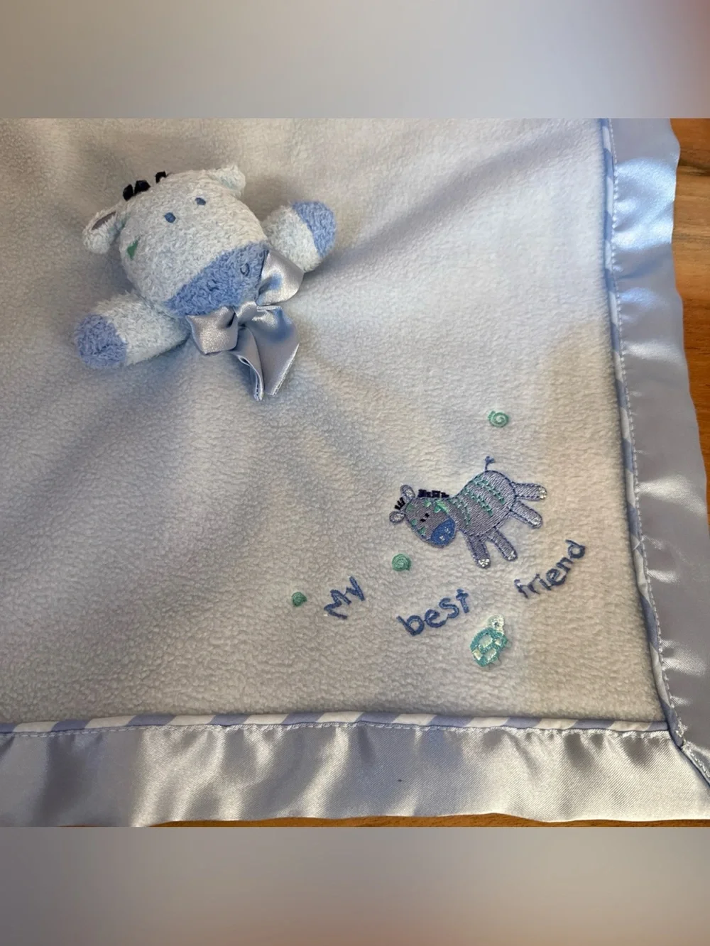Carters Blue Zebra Lovey Giraffe Child of Mine Blanket Rattle Satin BEST FRIEND